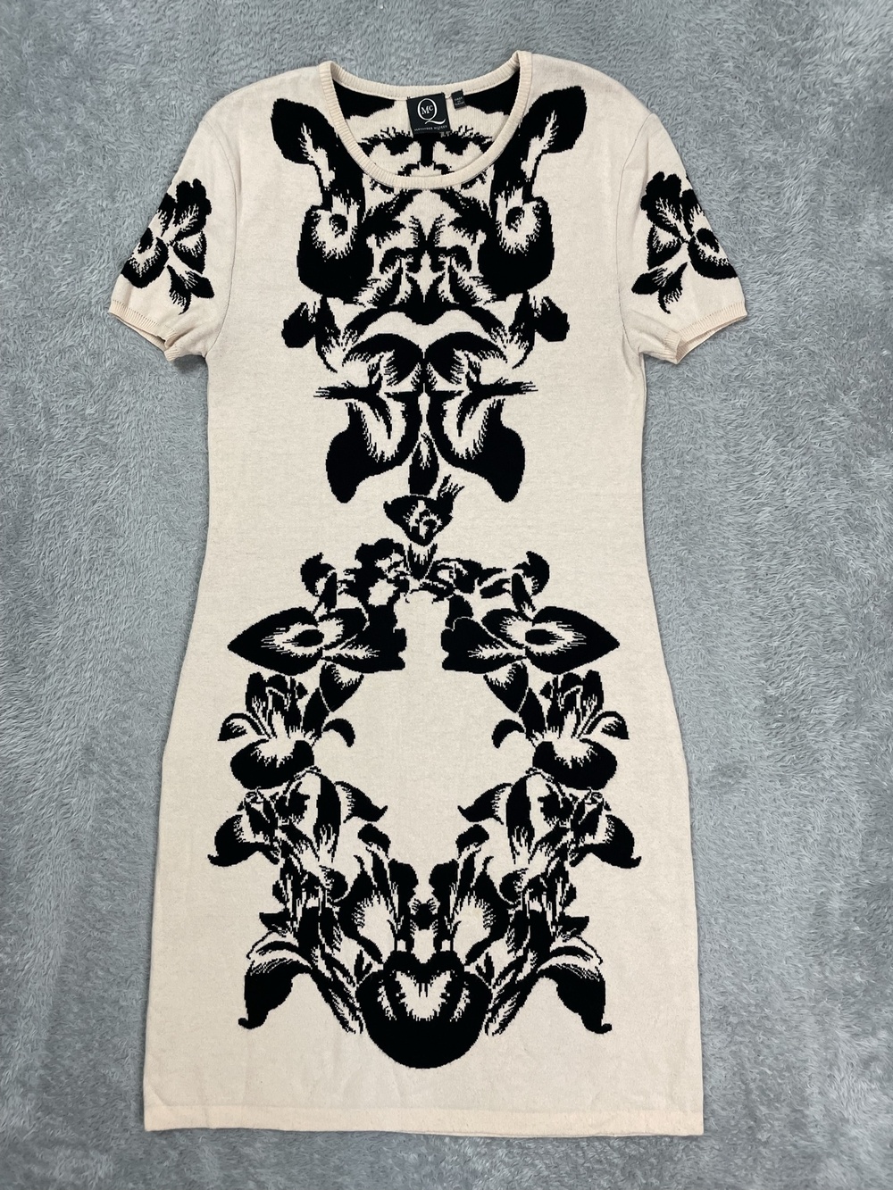 Alexander McQueen Sweater Dress Womens 2XL Beige Floral Knit Short Sleeve